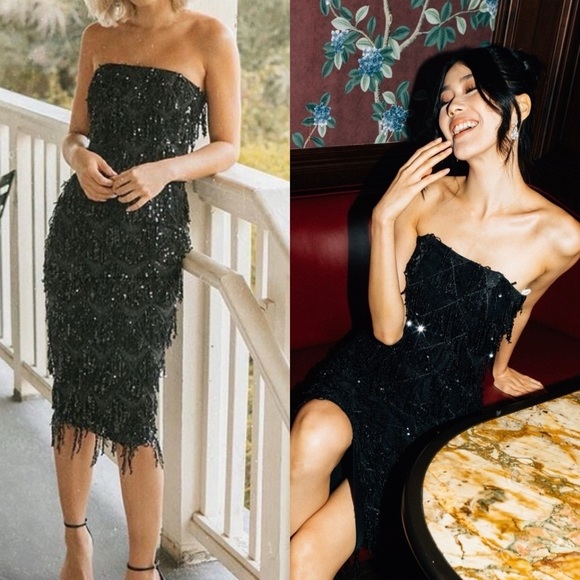 NADINE MERABI Dresses & Skirts - 🆕 NADINE MERABI Tia Embellished Fringe Midi Dress in Black Sz S